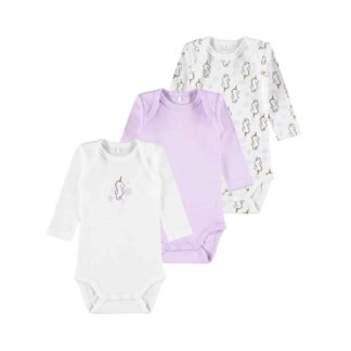 NAME IT 3er Pack Baby-Mädchen Langarm Bodies  Einhorn Seepferde in Weiß/Lila – jetzt kaufen bei Lifetex-Heimtextilien.de