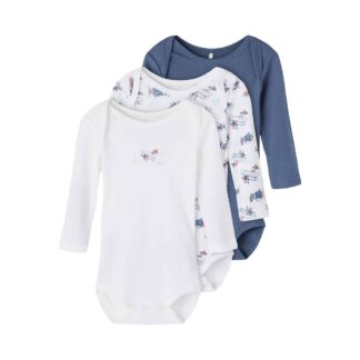 NAME IT 3er Pack Baby-Jungen Langarm Bodies Flugzeuge in Weiß/Dunkelblau – jetzt kaufen bei Lifetex-Heimtextilien.de